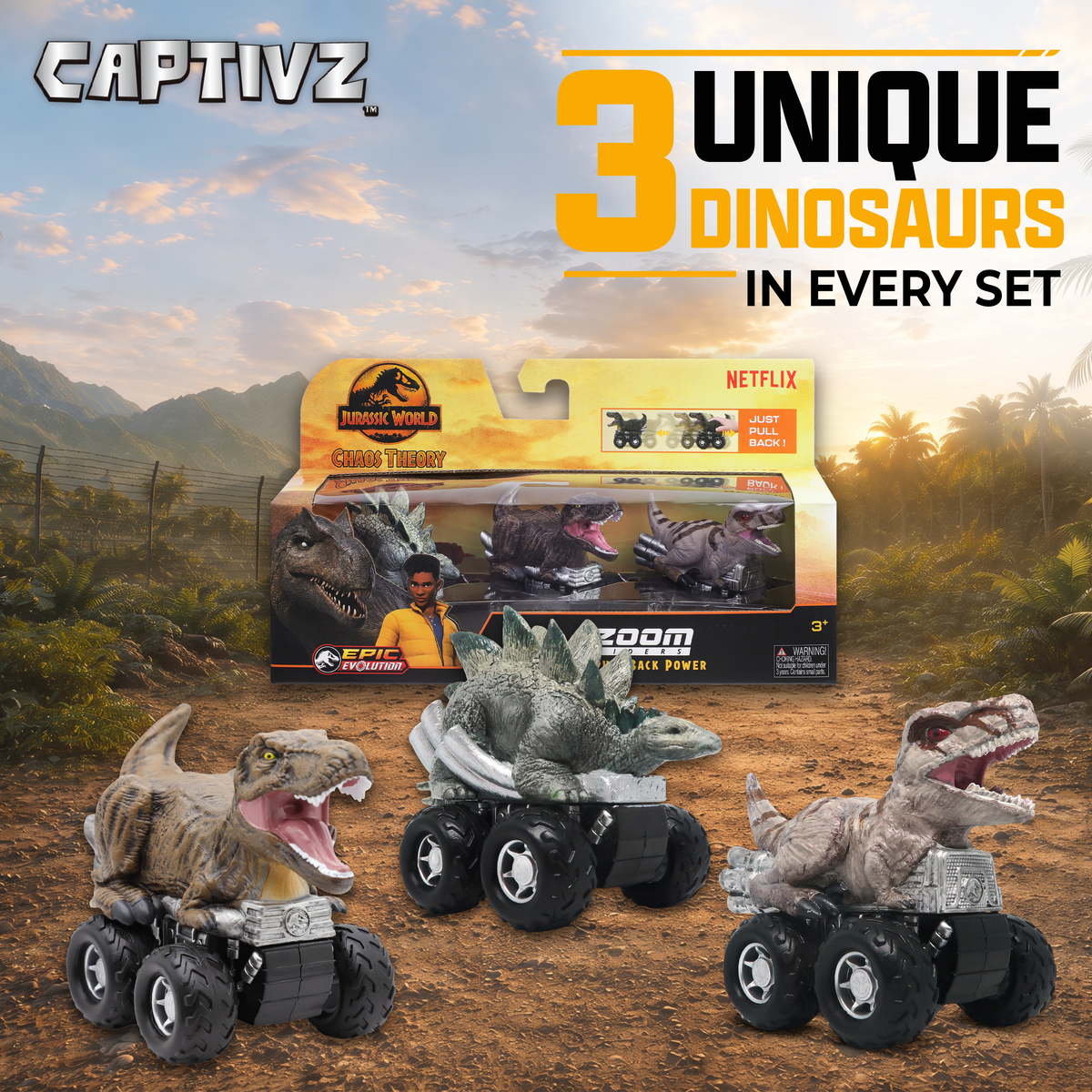 Jurassic World Chaos Theory Zoom Riders, 3 Surprise Eggs in 1 Box Dinosaur Toys for Kids 3+