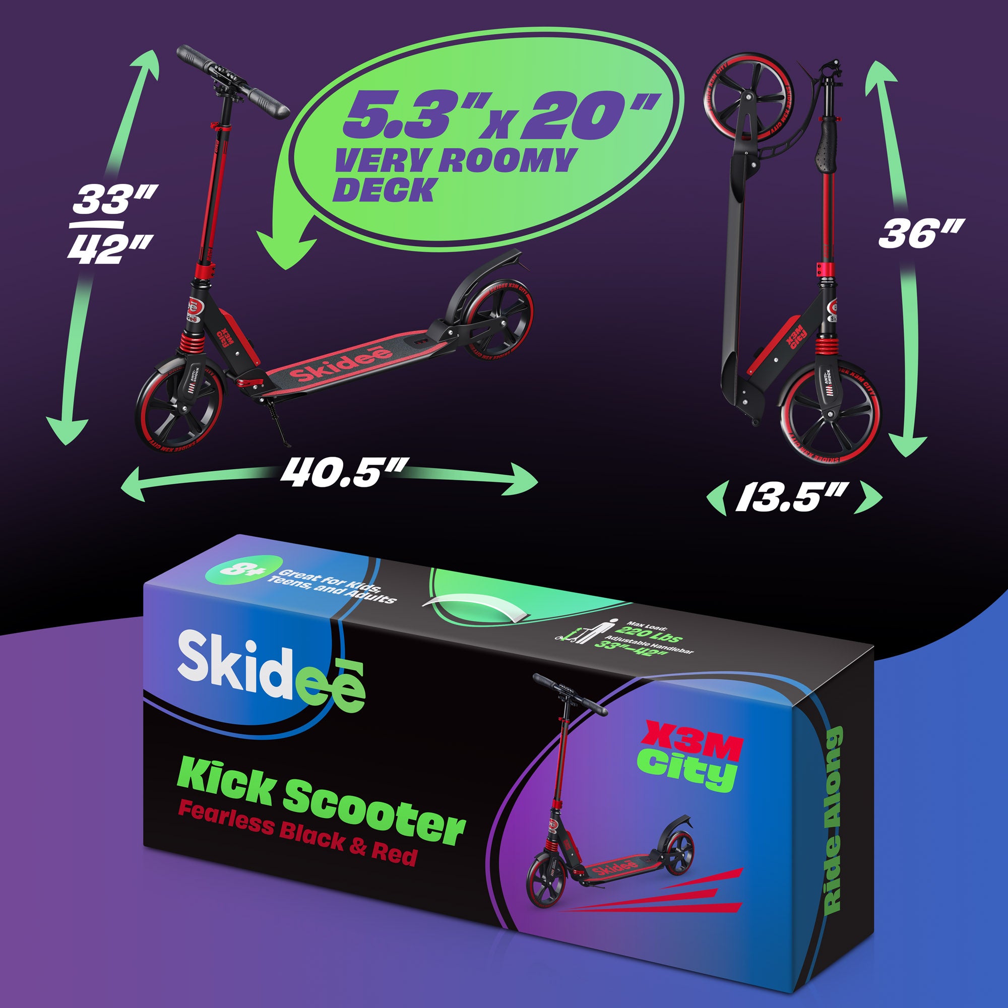 X3M Scooter for Kids Ages 6-12 - Scooters for Teens 12 Years and Up - Adult Scooter with Anti-Shock Suspension - Scooter for Kids 8 Years and Up with 4 Adjustment Levels Handlebar Up to 41 Inches High